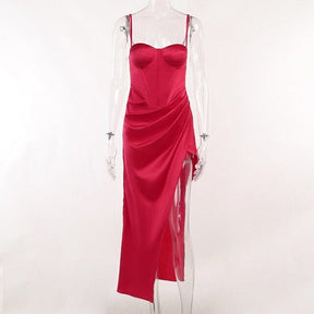 SheHori - Elegant Backless Satin Split Midi Dress streetwear fashion, outfit, versatile fashion shehori.com