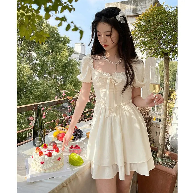 SheHori - Elegant Bow Solid Slim Mini Dress streetwear fashion, outfit, versatile fashion shehori.com