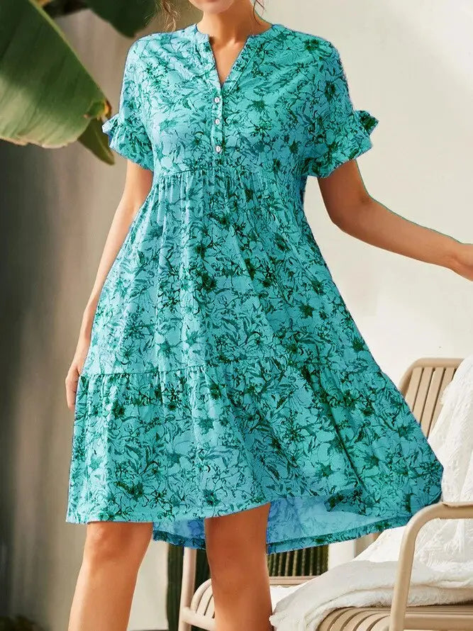 SheHori - Elegant Green Floral Print Mini Dress streetwear fashion, outfit, versatile fashion shehori.com