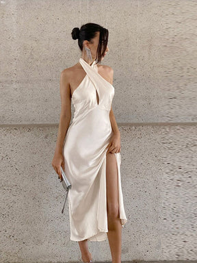 SheHori - Elegant Halter Satin Maxi Dress streetwear fashion, outfit, versatile fashion shehori.com