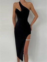 SheHori - Elegant Inclined Shoulder High Split Midi Dress streetwear fashion, outfit, versatile fashion shehori.com
