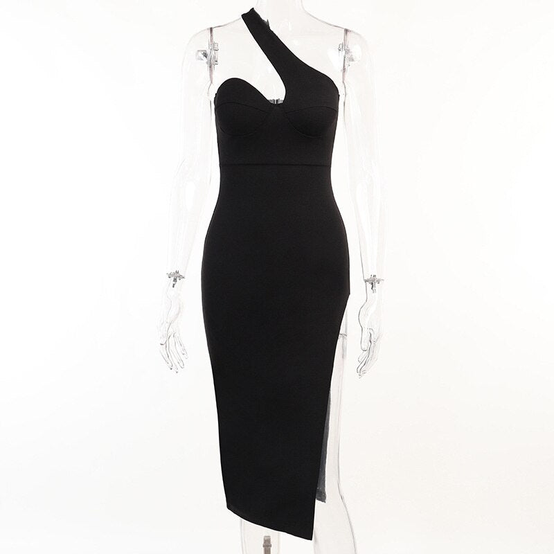 SheHori - Elegant Inclined Shoulder High Split Midi Dress streetwear fashion, outfit, versatile fashion shehori.com