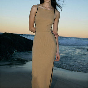 SheHori - Elegant Knitted Spaghetti Straps Maxi Dress streetwear fashion, outfit, versatile fashion shehori.com