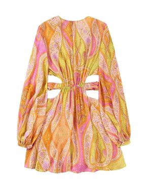 SheHori - Elegant Print Hollow Mini Dress streetwear fashion, outfit, versatile fashion shehori.com