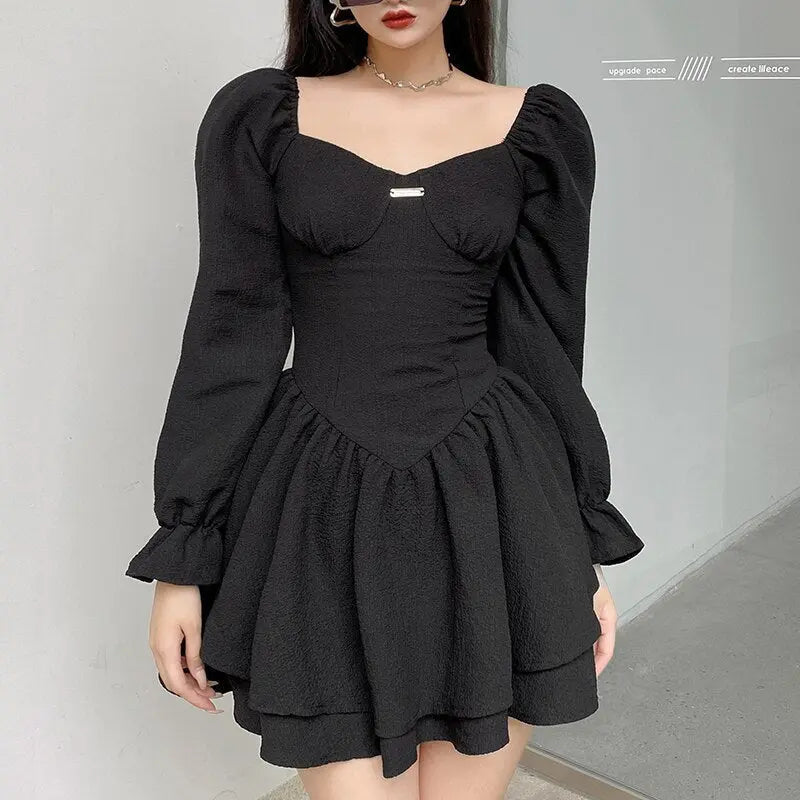 SheHori - Elegant Puff Sleeve Black Mini Dress streetwear fashion, outfit, versatile fashion shehori.com
