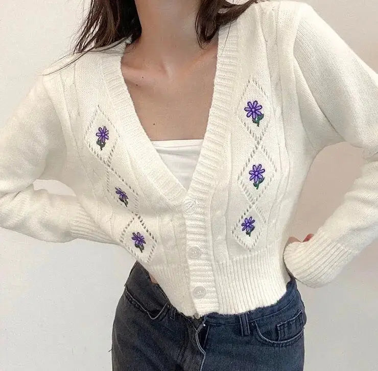 SheHori - Floral Embroidery Cardigan Long Sleeve Button Down Loose streetwear fashion, outfit, versatile fashion shehori.com