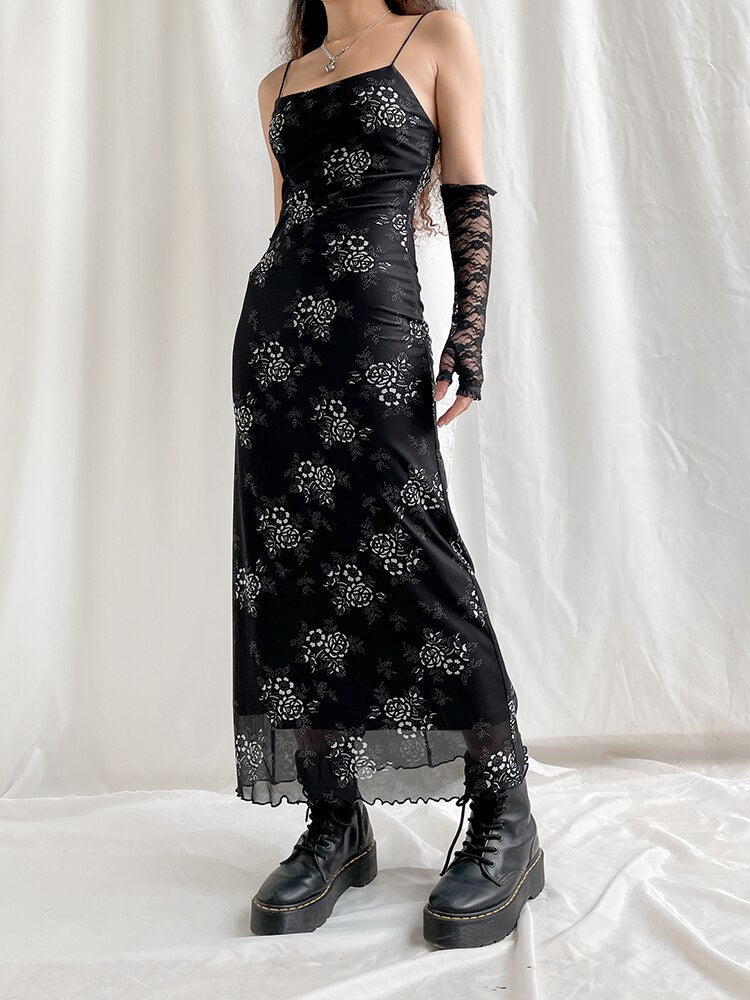 SheHori - Gothic Grunge Floral Print Maxi Dress streetwear fashion, outfit, versatile fashion shehori.com