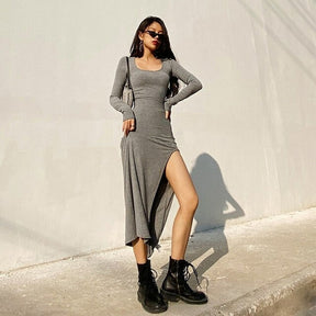 SheHori - O-neck French Split Exposed Midi Dress streetwear fashion, outfit, versatile fashion shehori.com