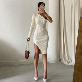 SheHori - One-shoulder Long Sleeve Knitted Maxi Dress streetwear fashion, outfit, versatile fashion shehori.com