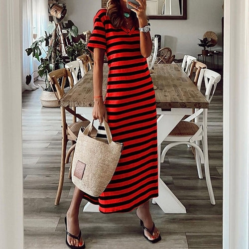 SheHori - Oversized Vintage Sleeve Striped Maxi Dress streetwear fashion, outfit, versatile fashion shehori.com