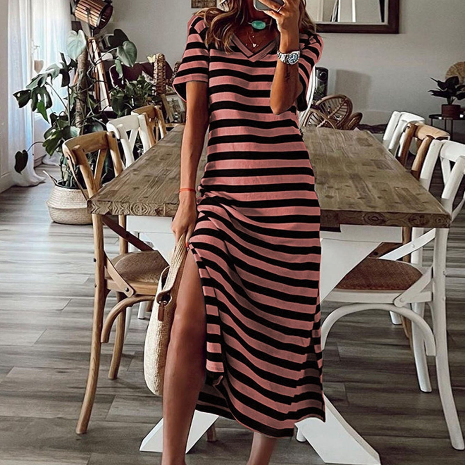 SheHori - Oversized Vintage Sleeve Striped Maxi Dress streetwear fashion, outfit, versatile fashion shehori.com