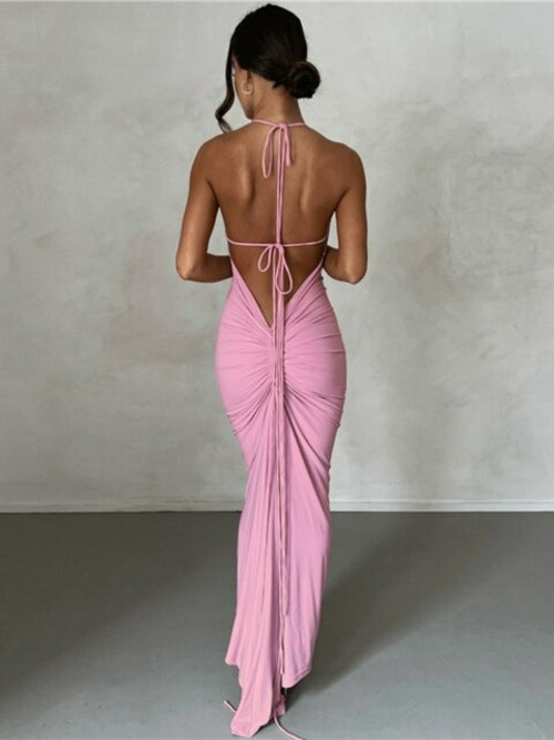 SheHori - Pink Backless Maxi Dress streetwear fashion, outfit, versatile fashion shehori.com