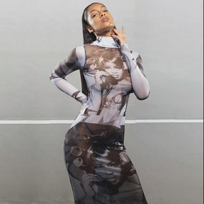 SheHori - Print Mesh See Through Maxi Dresses streetwear fashion, outfit, versatile fashion shehori.com