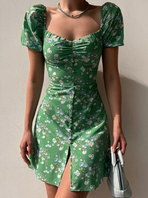 SheHori - Puff Sleeve Floral Off Midi Dress streetwear fashion, outfit, versatile fashion shehori.com