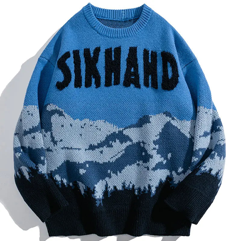 SheHori - Retro Knit Sweatshirt Layers of Mountains streetwear fashion, outfit, versatile fashion shehori.com